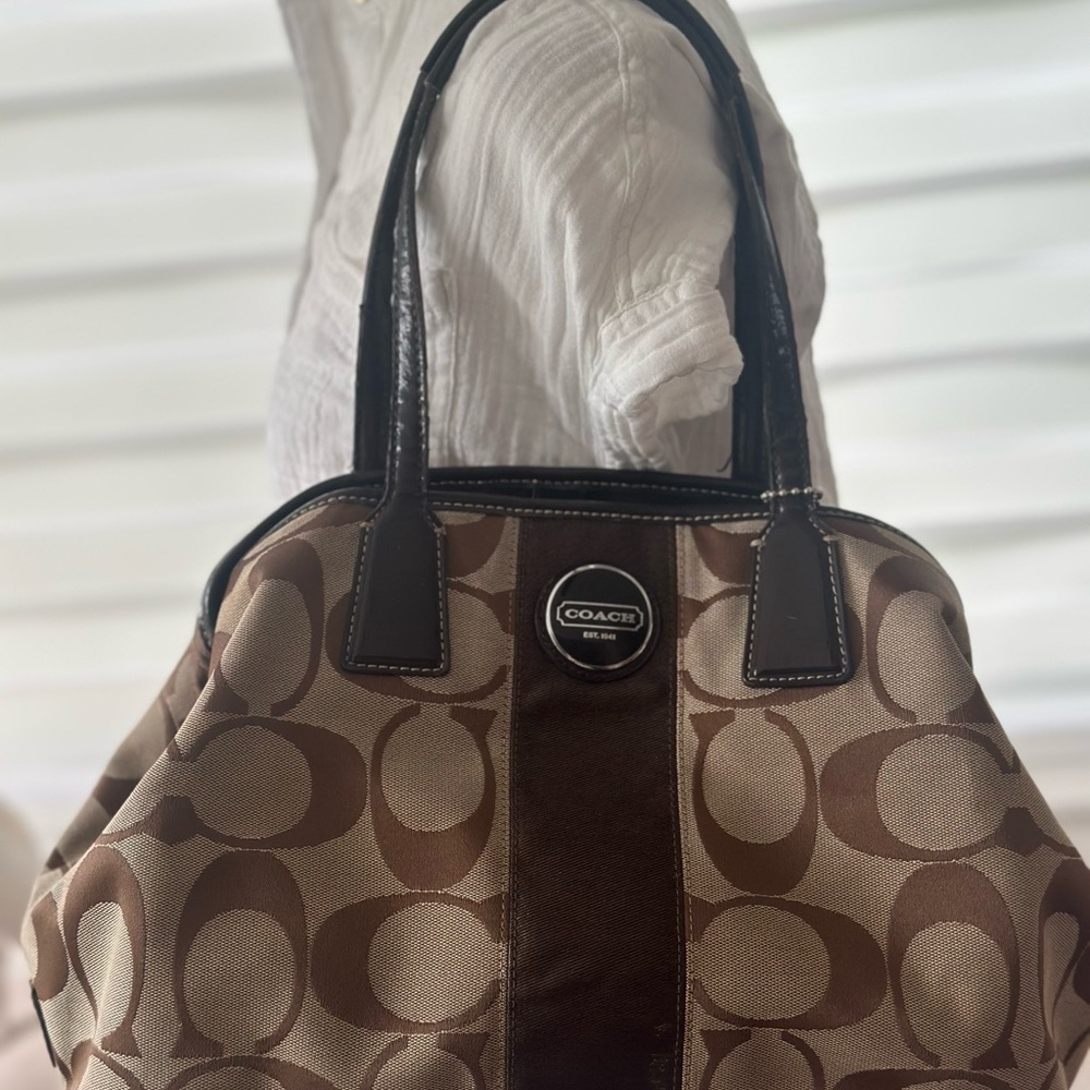 Coach Brown and Tan Signature Shoulder Bag